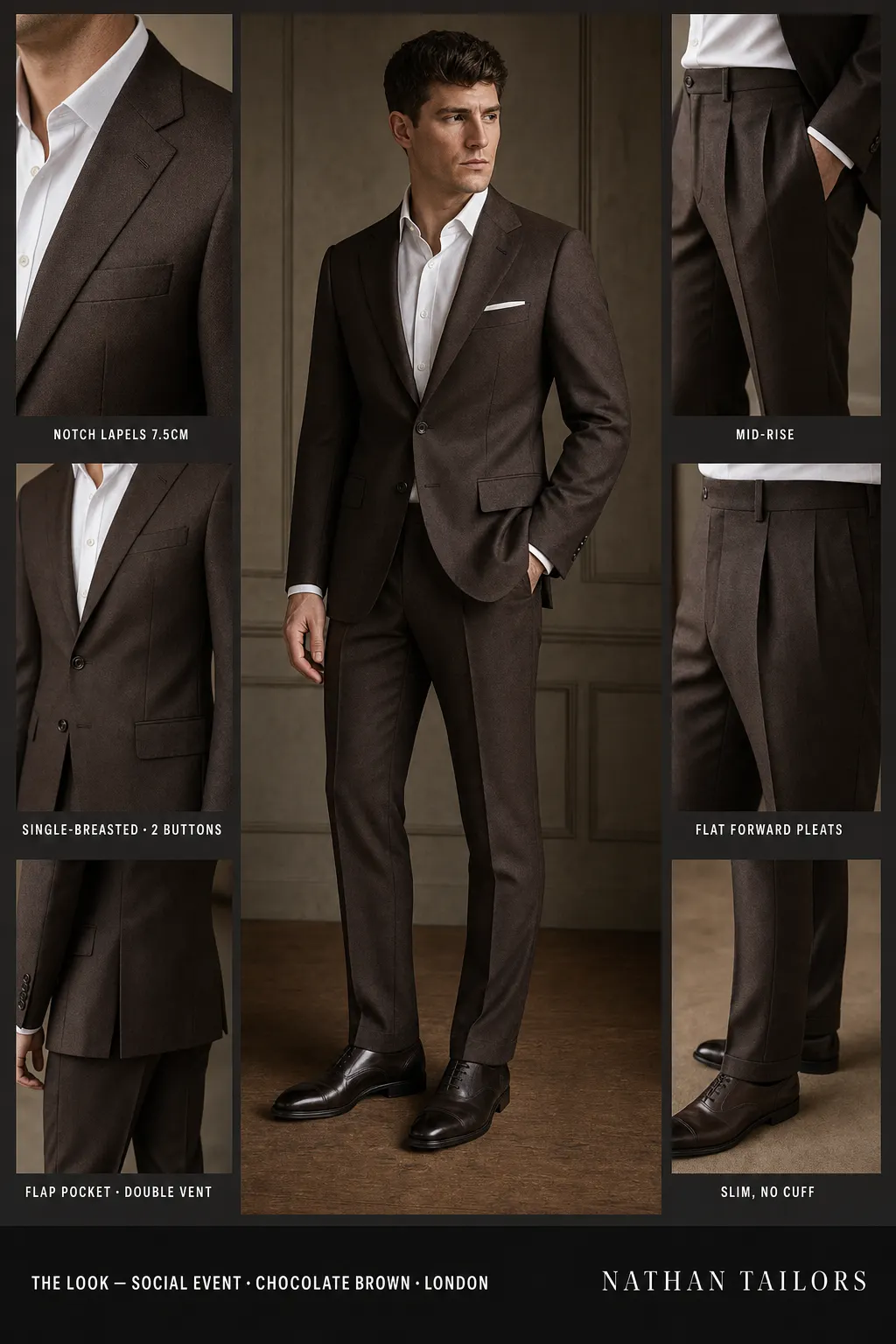 chocolate brown single-breasted notch-lapel bespoke suit โ AI-rendered by Nathan Tailors, the Hoi An custom tailor. Available as a custom tailored suit from $149.