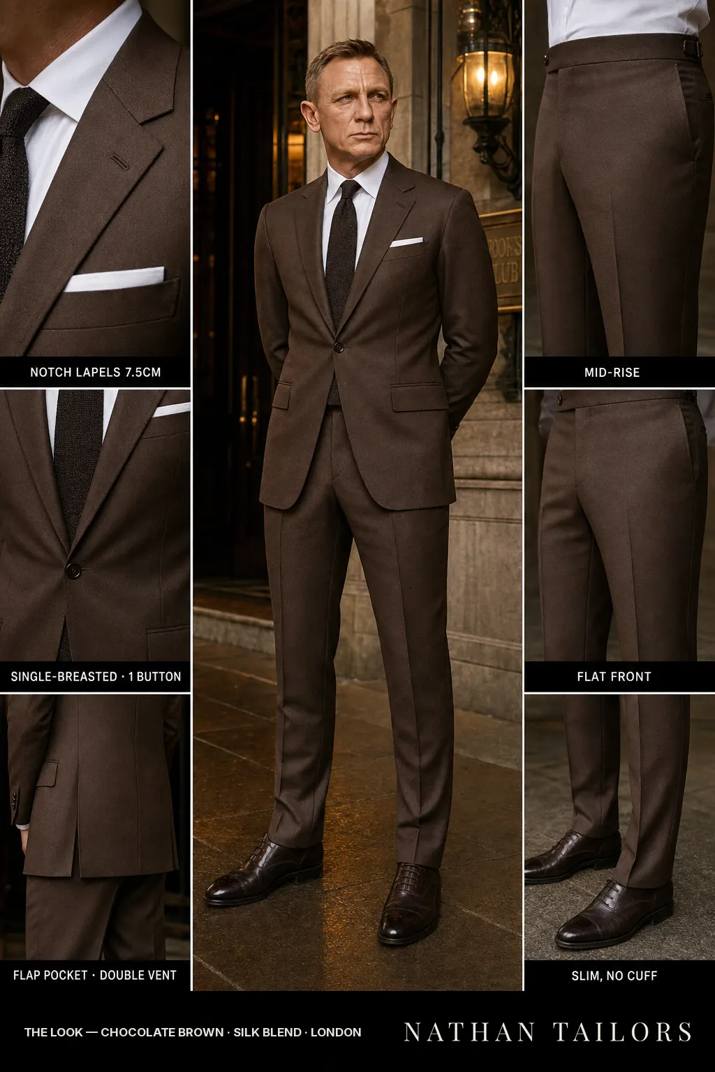 chocolate brown single-breasted notch-lapel bespoke suit — AI-rendered by Nathan Tailors, the Hoi An custom tailor. Available as a custom tailored suit from $149.