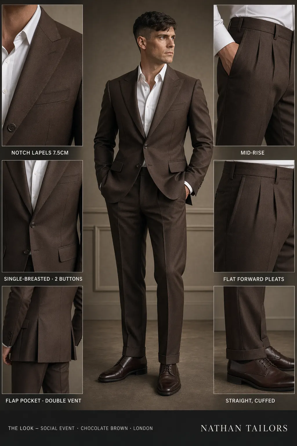 chocolate brown single-breasted notch-lapel bespoke suit — AI-rendered by Nathan Tailors, the Hoi An custom tailor. Available as a custom tailored suit from $169.