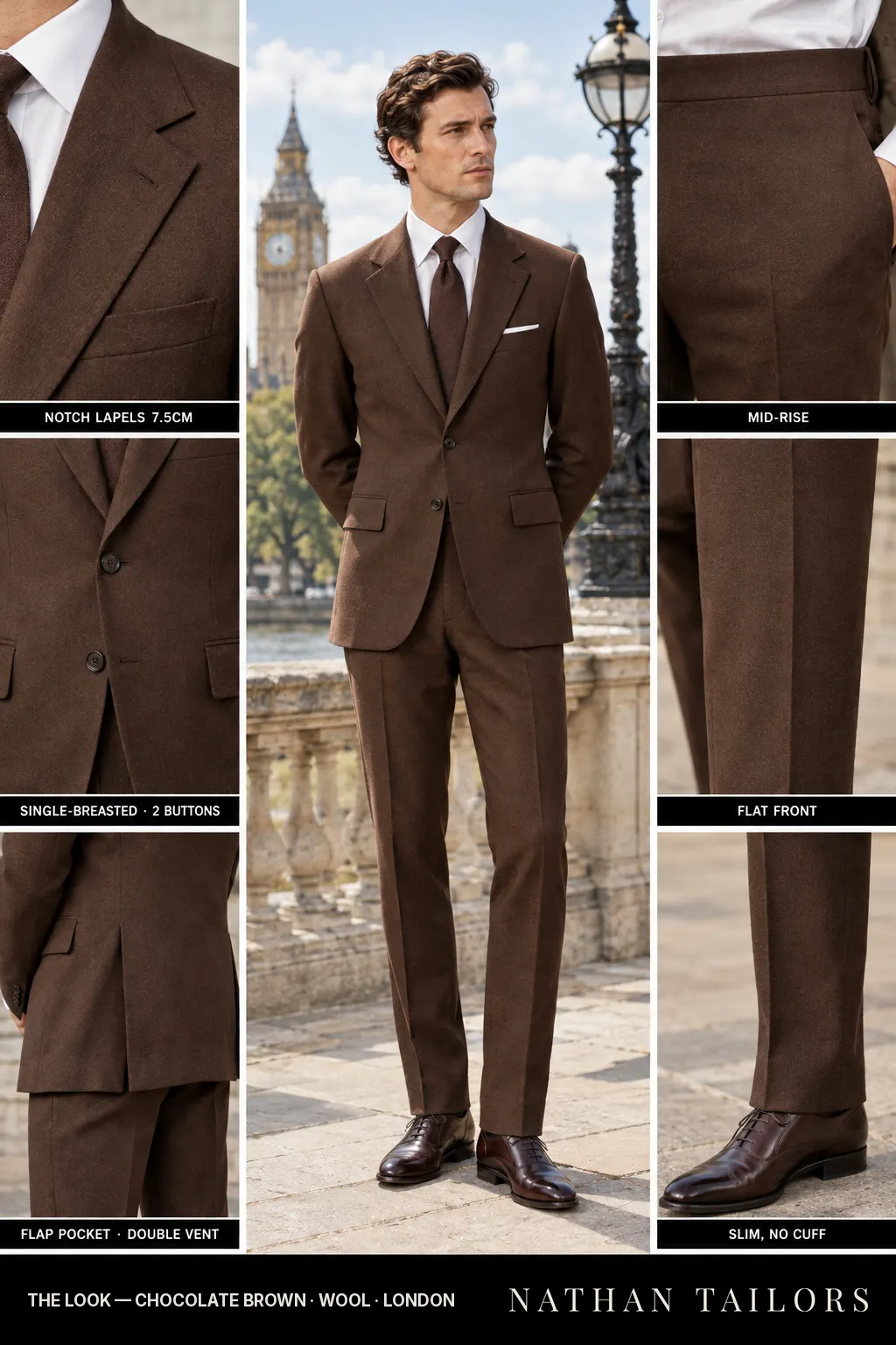 chocolate brown single-breasted bespoke suit โ custom tailored by Nathan Tailors, the Hoi An custom tailor