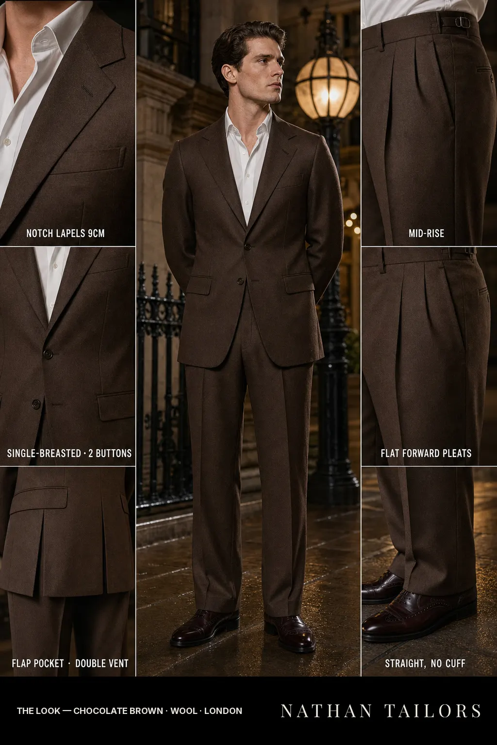 chocolate brown single-breasted notch-lapel bespoke suit — AI-rendered by Nathan Tailors, the Hoi An custom tailor. Available as a custom tailored suit from $149.