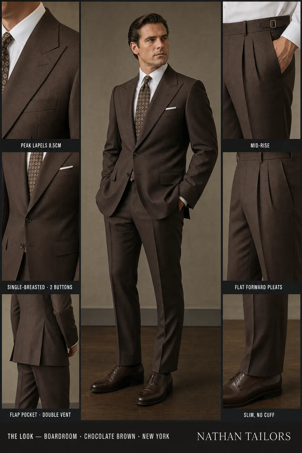 chocolate brown single-breasted peak-lapel bespoke suit โ AI-rendered by Nathan Tailors, the Hoi An custom tailor. Available as a custom tailored suit from $149.