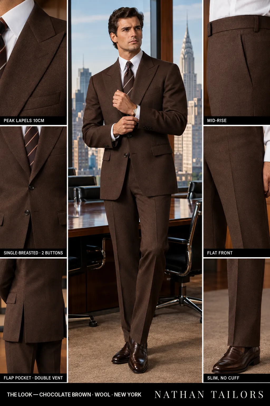 chocolate brown single-breasted bespoke suit โ custom tailored by Nathan Tailors, the Hoi An custom tailor