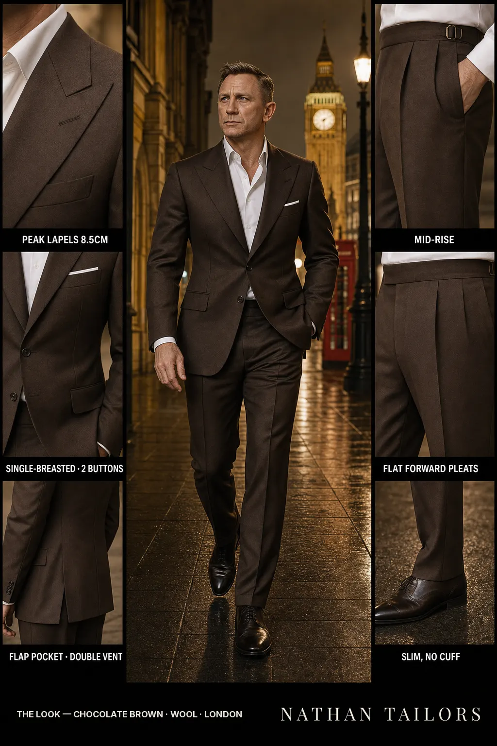 chocolate brown single-breasted peak-lapel bespoke suit — AI-rendered by Nathan Tailors, the Hoi An custom tailor. Available as a custom tailored suit from $149.