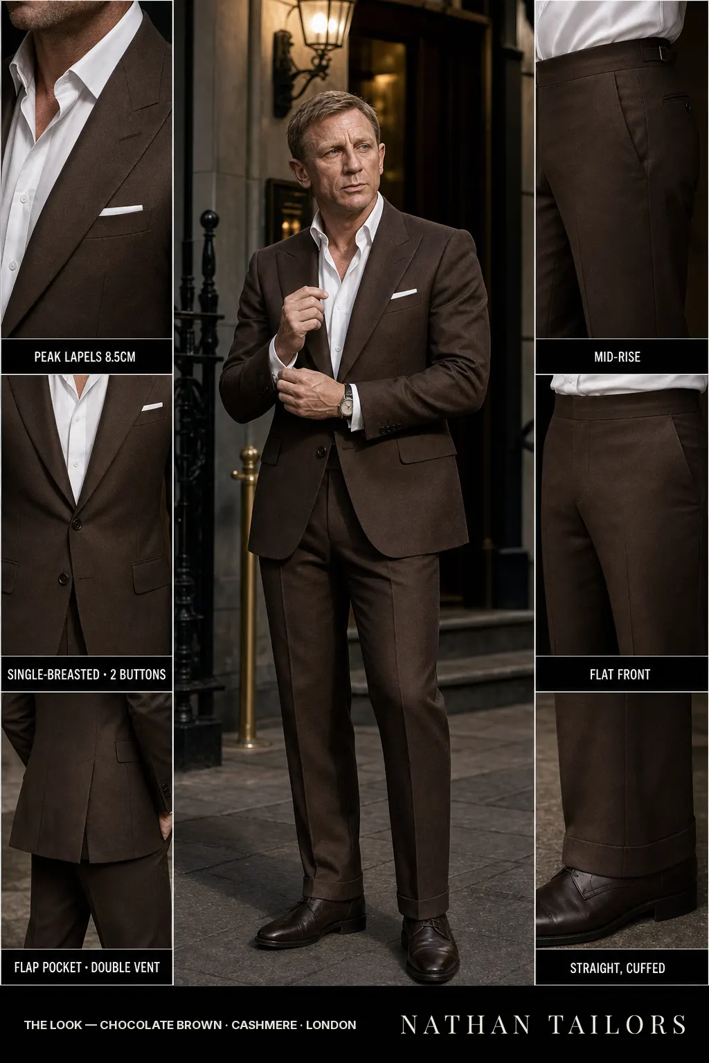 chocolate brown single-breasted peak-lapel bespoke suit — AI-rendered by Nathan Tailors, the Hoi An custom tailor. Available as a custom tailored suit from $149.