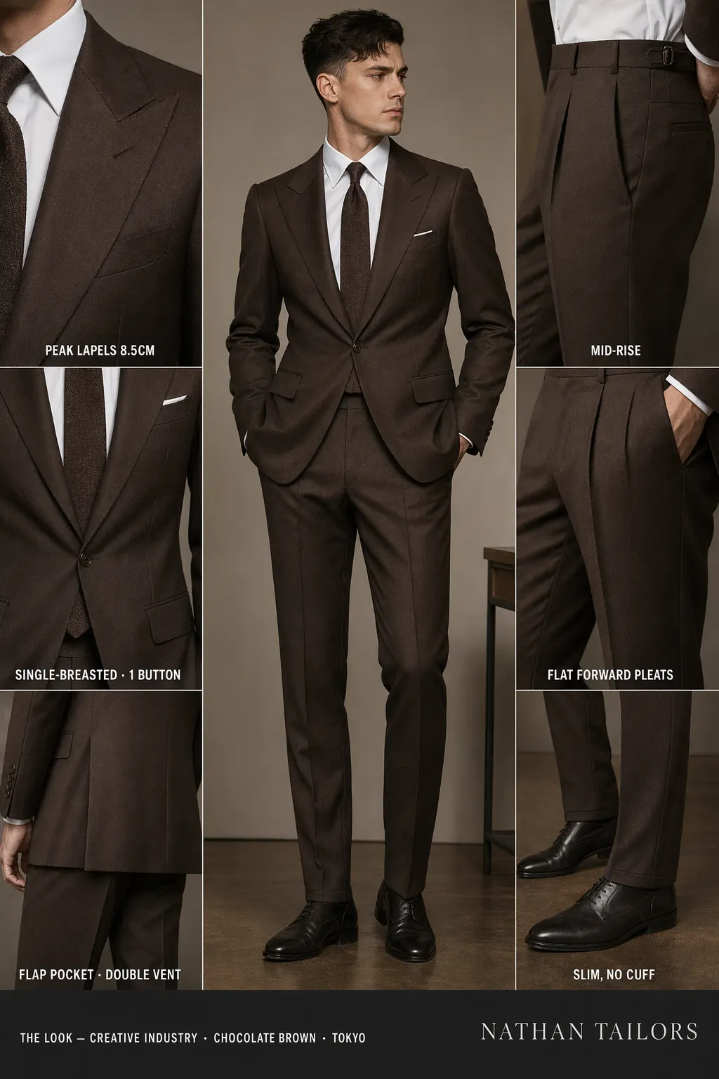 chocolate brown single-breasted peak-lapel bespoke suit โ AI-rendered by Nathan Tailors, the Hoi An custom tailor. Available as a custom tailored suit from $169.