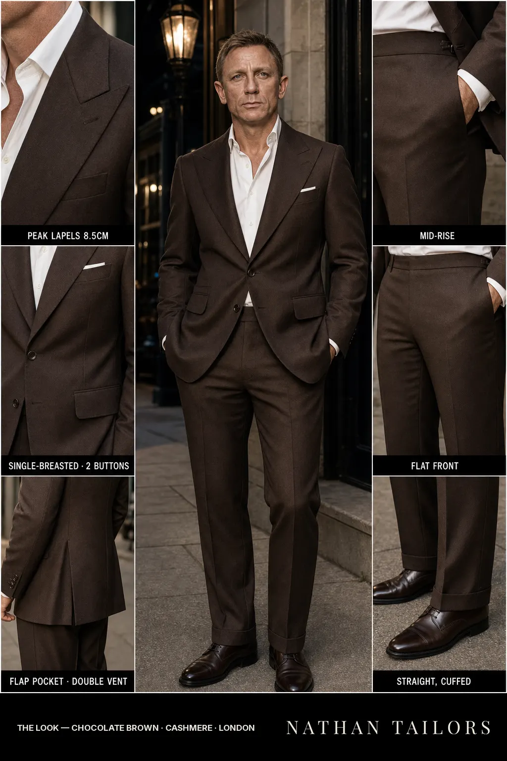 chocolate brown single-breasted peak-lapel bespoke suit — AI-rendered by Nathan Tailors, the Hoi An custom tailor. Available as a custom tailored suit from $149.