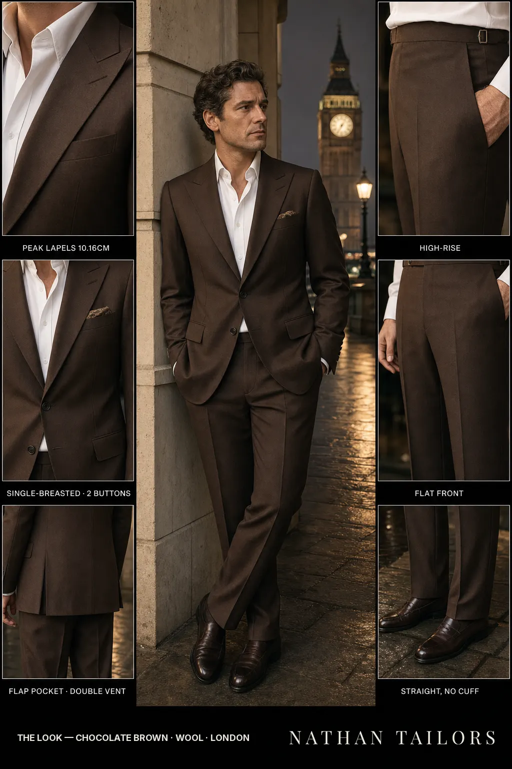 chocolate brown single-breasted peak-lapel bespoke suit โ AI-rendered by Nathan Tailors, the Hoi An custom tailor. Available as a custom tailored suit from $149.