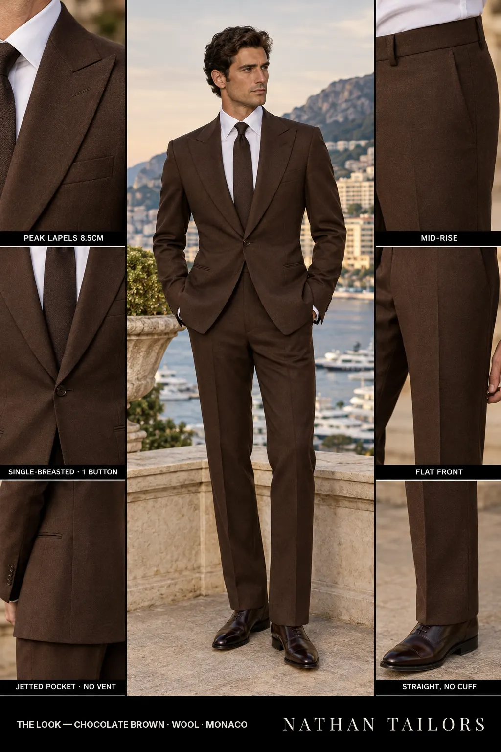 chocolate brown single-breasted bespoke suit โ custom tailored by Nathan Tailors, the Hoi An custom tailor