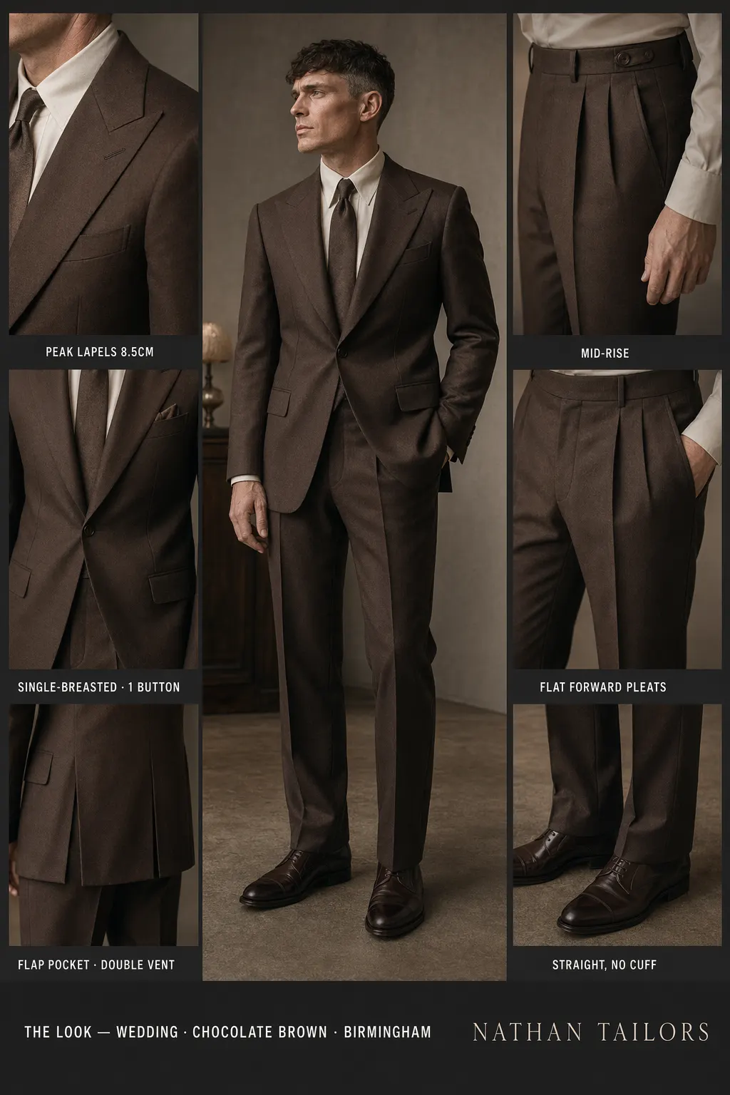 chocolate brown single-breasted peak-lapel bespoke suit — AI-rendered by Nathan Tailors, the Hoi An custom tailor. Available as a custom tailored suit from $149.