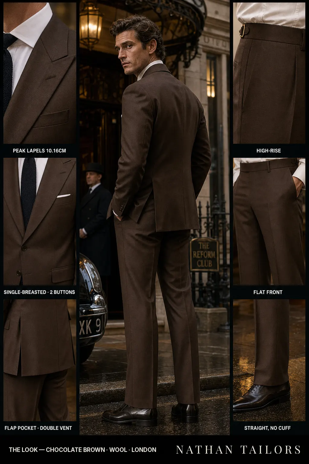 chocolate brown single-breasted peak-lapel bespoke suit — AI-rendered by Nathan Tailors, the Hoi An custom tailor. Available as a custom tailored suit from $149.
