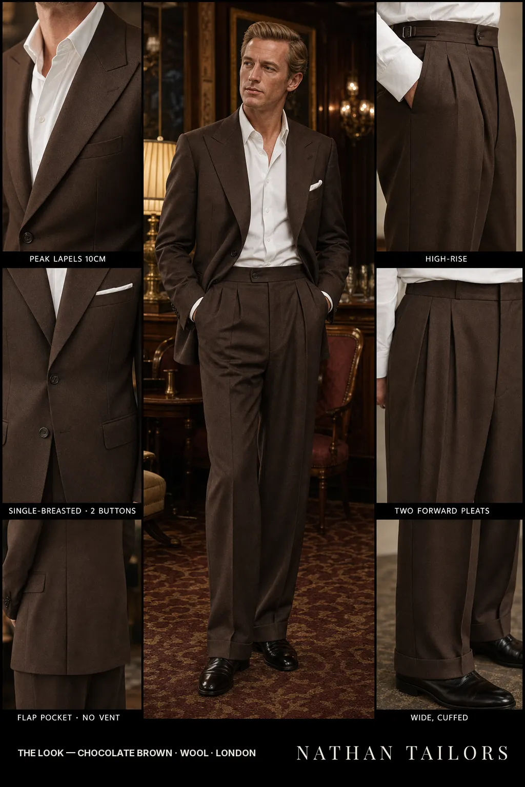 chocolate brown single-breasted peak-lapel bespoke suit โ AI-rendered by Nathan Tailors, the Hoi An custom tailor. Available as a custom tailored suit from $149.