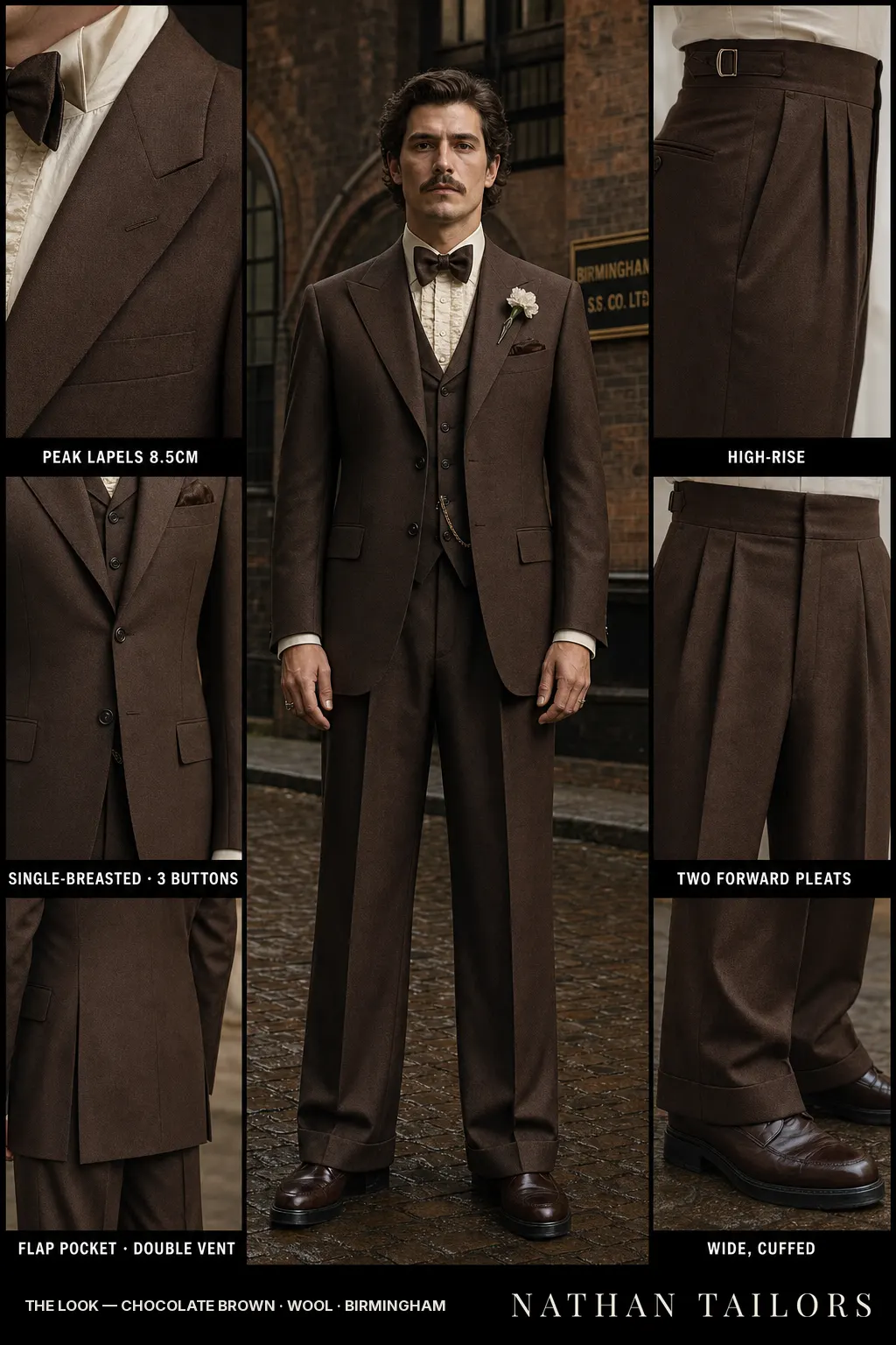 chocolate brown single-breasted peak-lapel bespoke suit — AI-rendered by Nathan Tailors, the Hoi An custom tailor. Available as a custom tailored suit from $149.