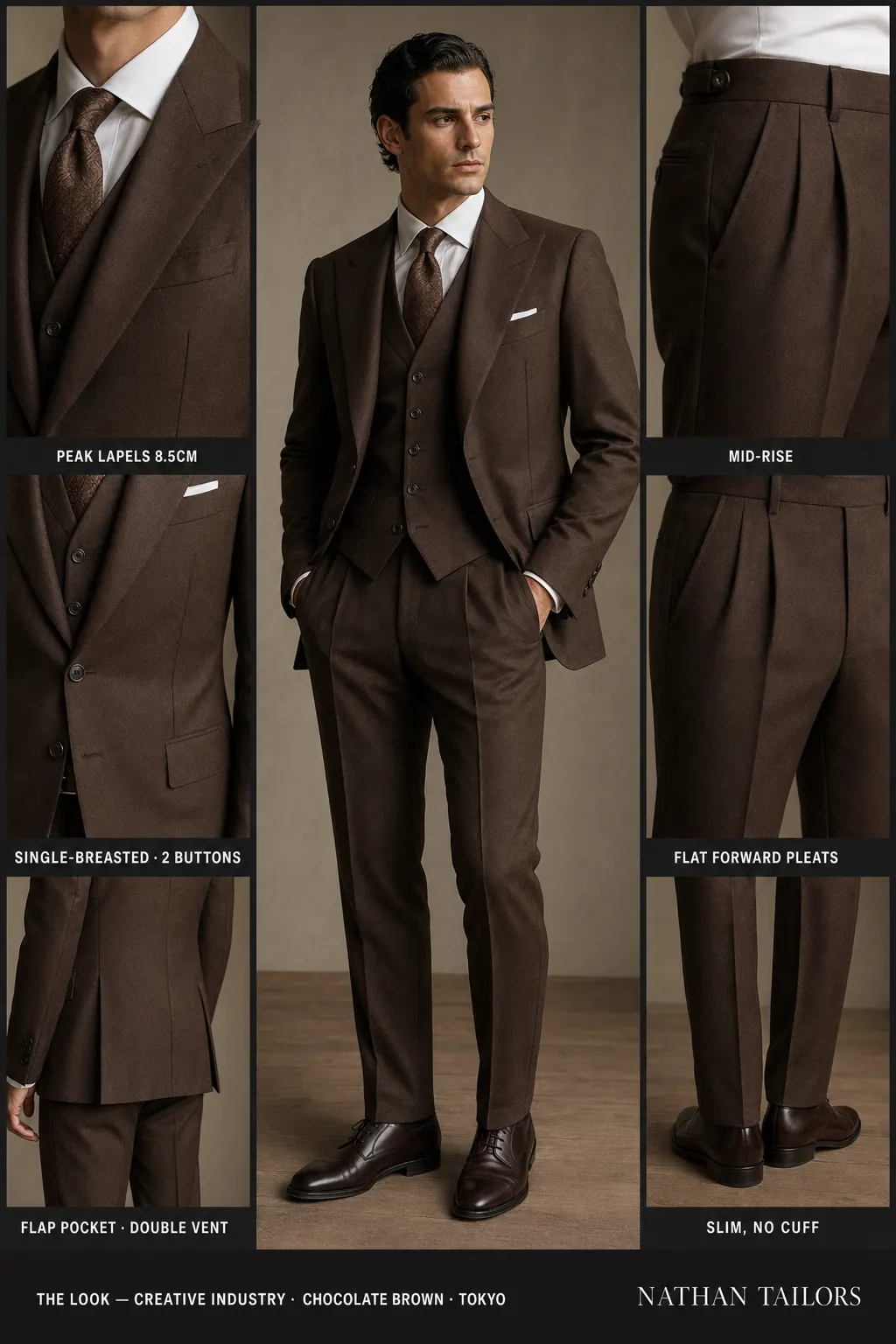 chocolate brown single-breasted peak-lapel bespoke suit — AI-rendered by Nathan Tailors, the Hoi An custom tailor. Available as a custom tailored suit from $149.