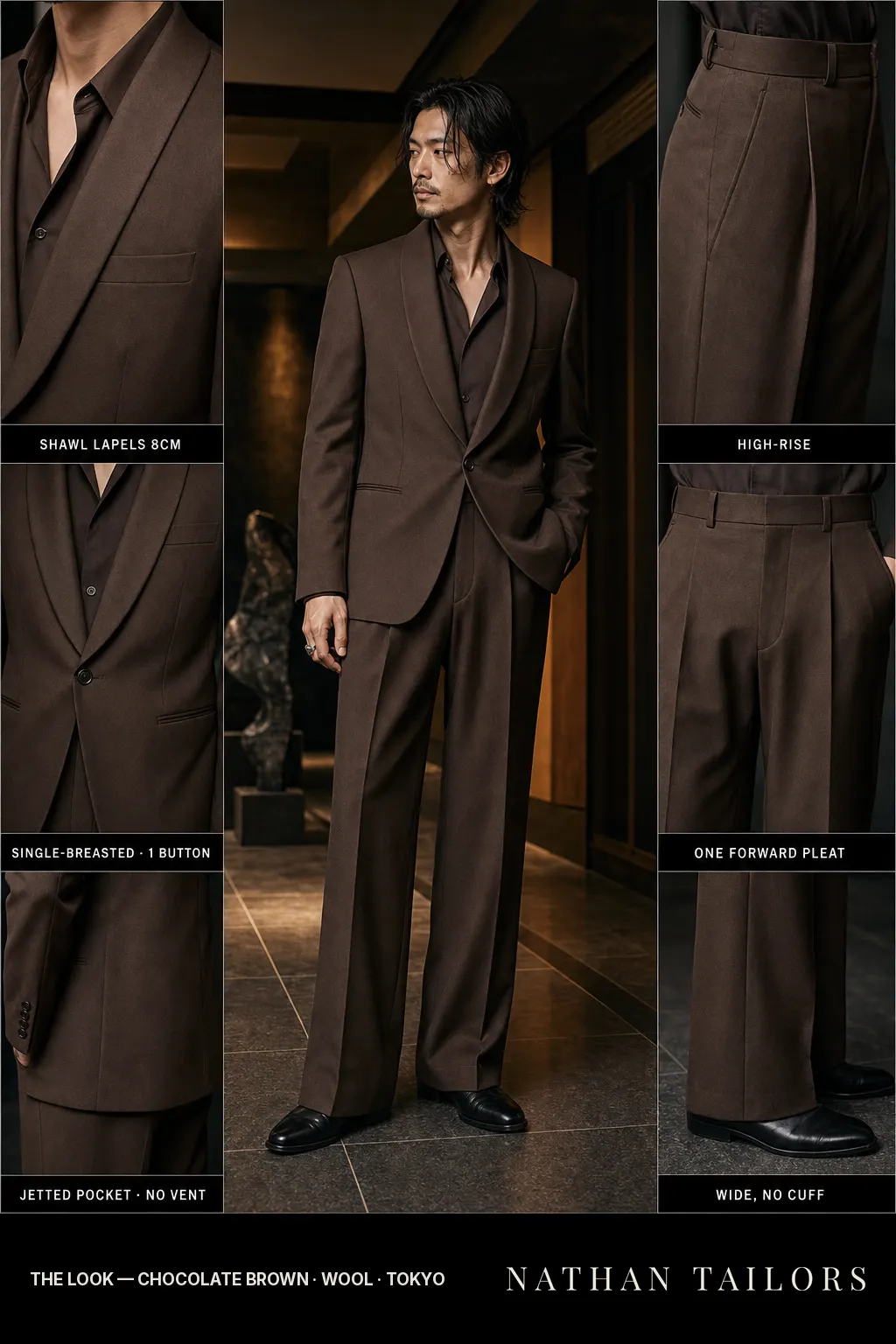 chocolate brown single-breasted shawl-lapel bespoke suit — AI-rendered by Nathan Tailors, the Hoi An custom tailor. Available as a custom tailored suit from $149.