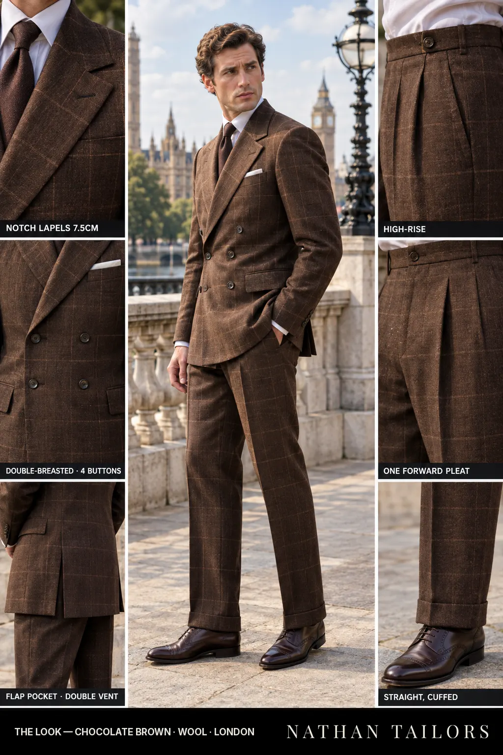 chocolate brown windowpane double-breasted bespoke suit โ custom tailored by Nathan Tailors, the Hoi An custom tailor