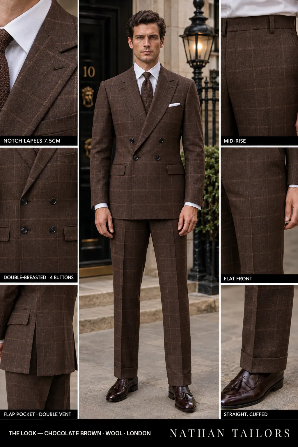 chocolate brown windowpane double-breasted bespoke suit โ custom tailored by Nathan Tailors, the Hoi An custom tailor
