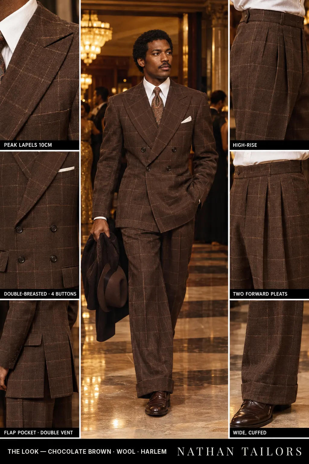 chocolate brown windowpane double-breasted bespoke suit โ custom tailored by Nathan Tailors, the Hoi An custom tailor
