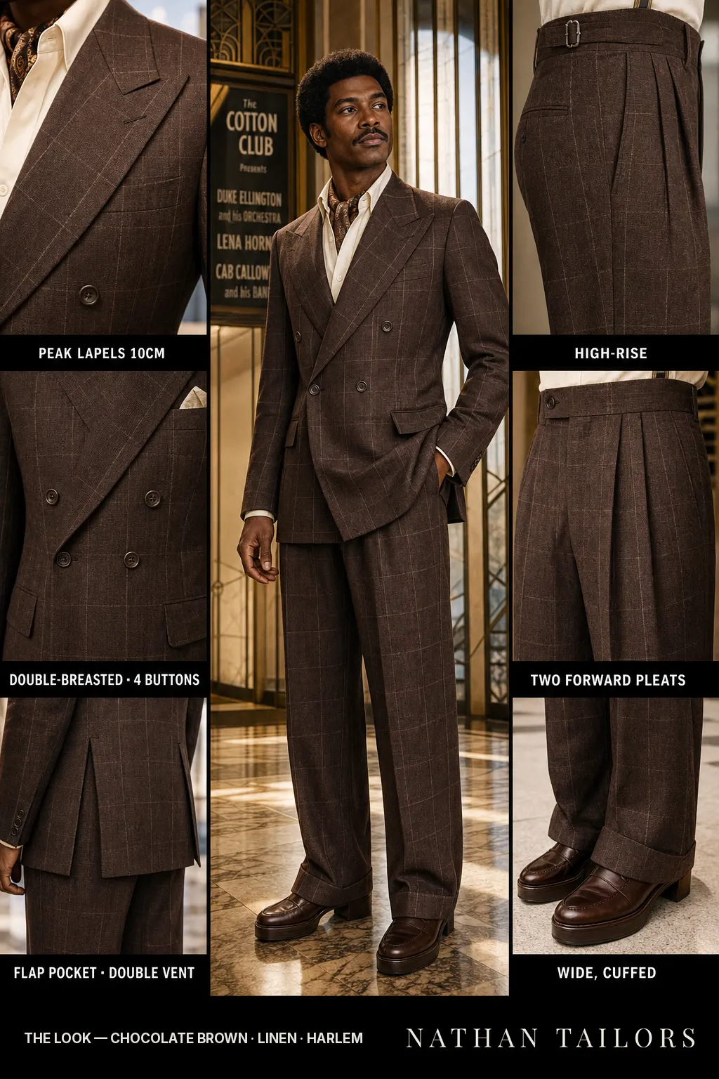 chocolate brown windowpane double-breasted peak-lapel bespoke suit — AI-rendered by Nathan Tailors, the Hoi An custom tailor. Available as a custom tailored suit from $149.