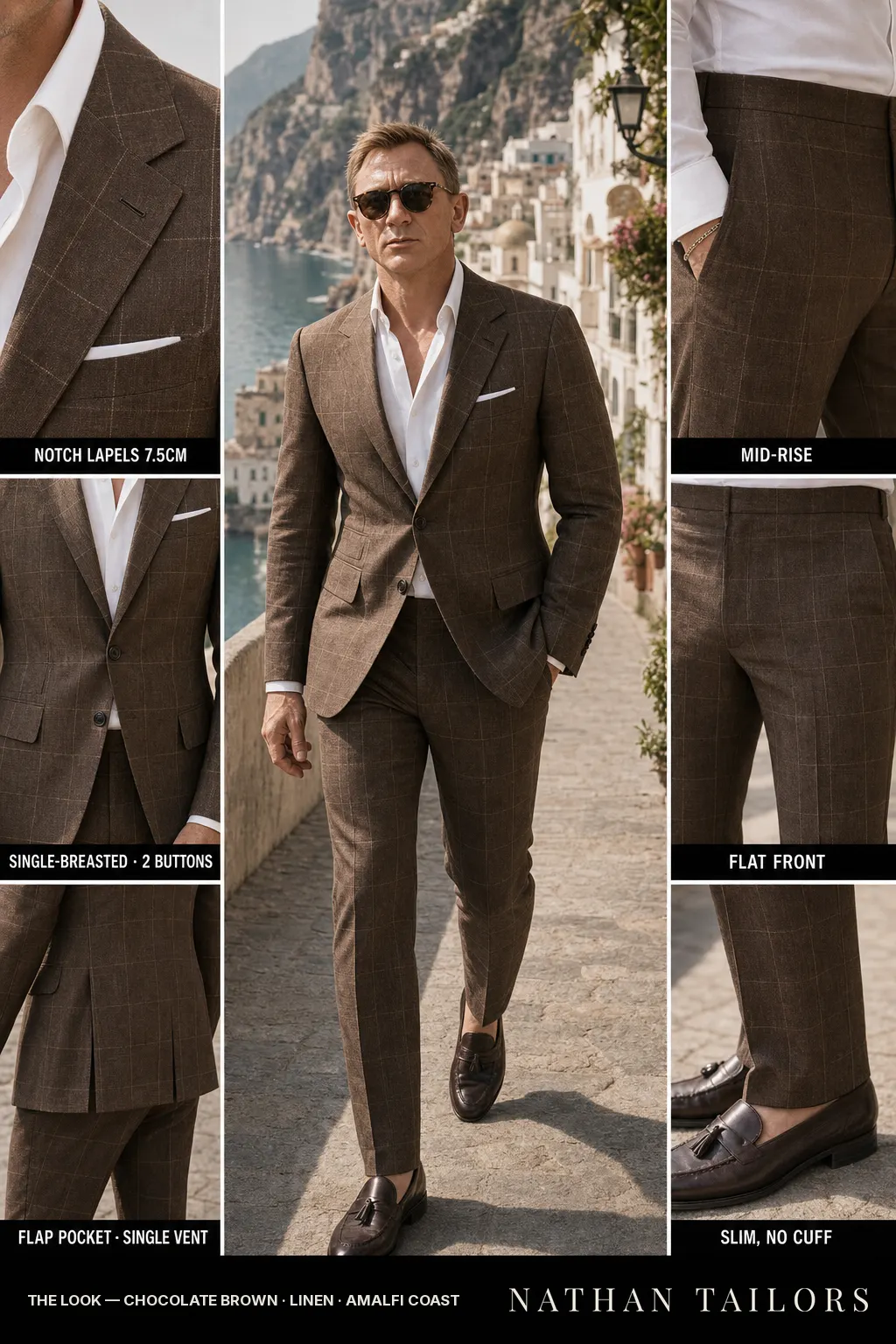 chocolate brown windowpane single-breasted notch-lapel bespoke suit โ AI-rendered by Nathan Tailors, the Hoi An custom tailor. Available as a custom tailored suit from $149.
