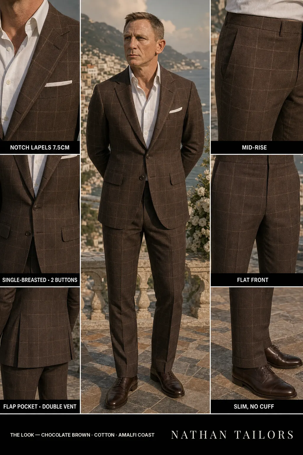 chocolate brown windowpane single-breasted notch-lapel bespoke suit — AI-rendered by Nathan Tailors, the Hoi An custom tailor. Available as a custom tailored suit from $149.