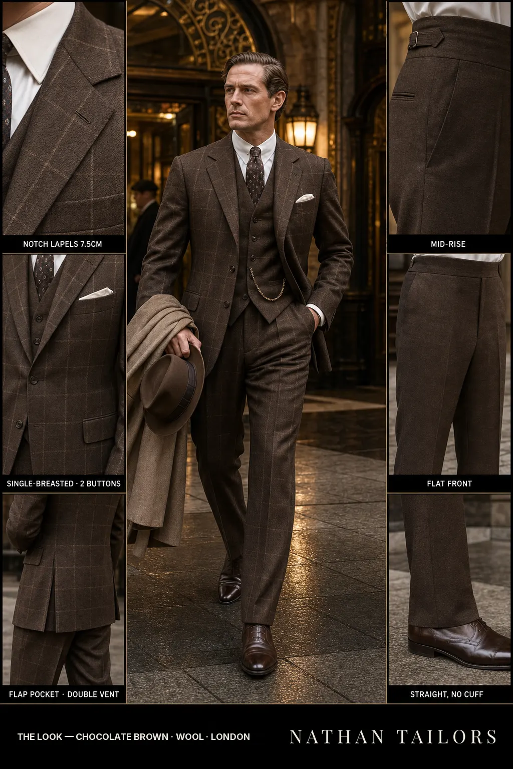 chocolate brown windowpane single-breasted notch-lapel bespoke suit โ AI-rendered by Nathan Tailors, the Hoi An custom tailor. Available as a custom tailored suit from $149.