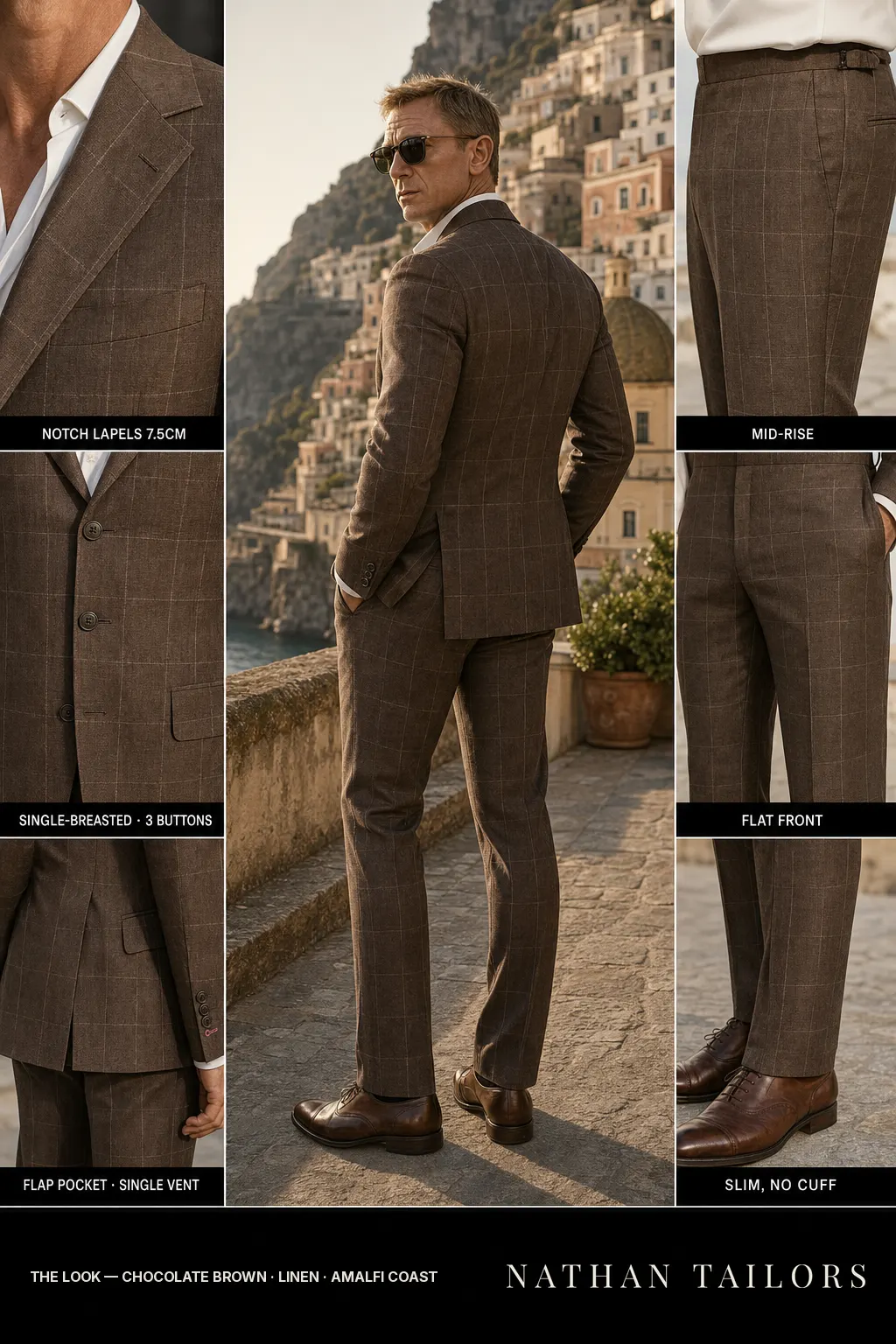 chocolate brown windowpane single-breasted notch-lapel bespoke suit โ AI-rendered by Nathan Tailors, the Hoi An custom tailor. Available as a custom tailored suit from $149.