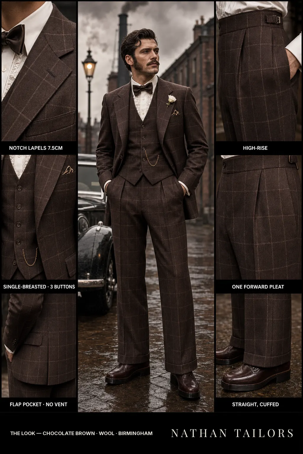 chocolate brown windowpane single-breasted notch-lapel bespoke suit — AI-rendered by Nathan Tailors, the Hoi An custom tailor. Available as a custom tailored suit from $149.