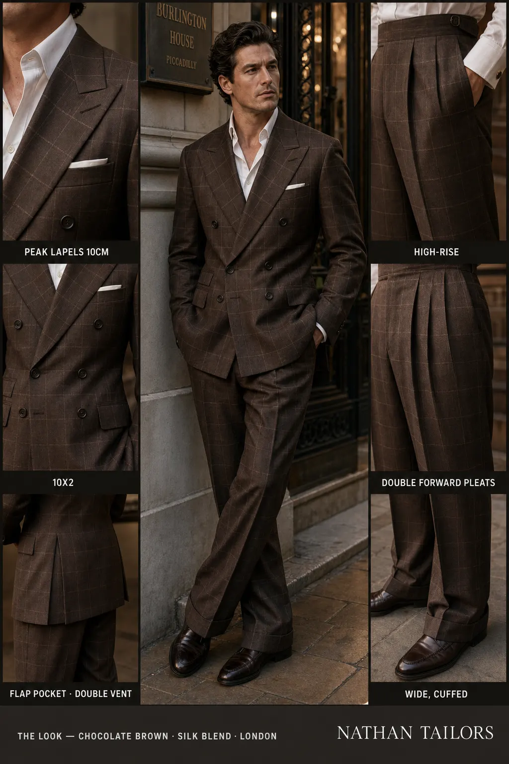 chocolate brown windowpane single-breasted peak-lapel bespoke suit — AI-rendered by Nathan Tailors, the Hoi An custom tailor. Available as a custom tailored suit from $149.