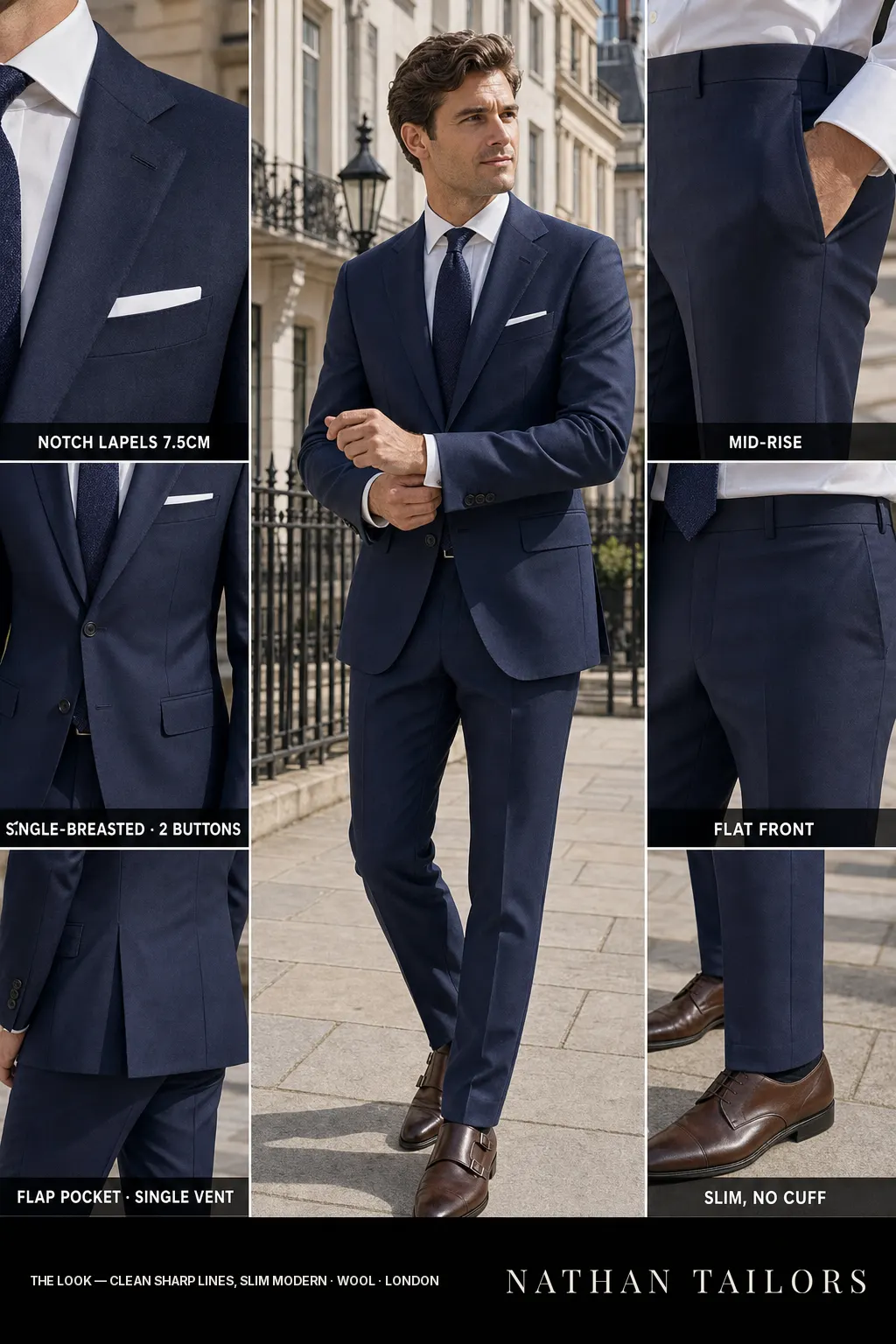 Clean sharp lines, slim modern single-breasted bespoke suit — custom tailored by Nathan Tailors, the Hoi An custom tailor
