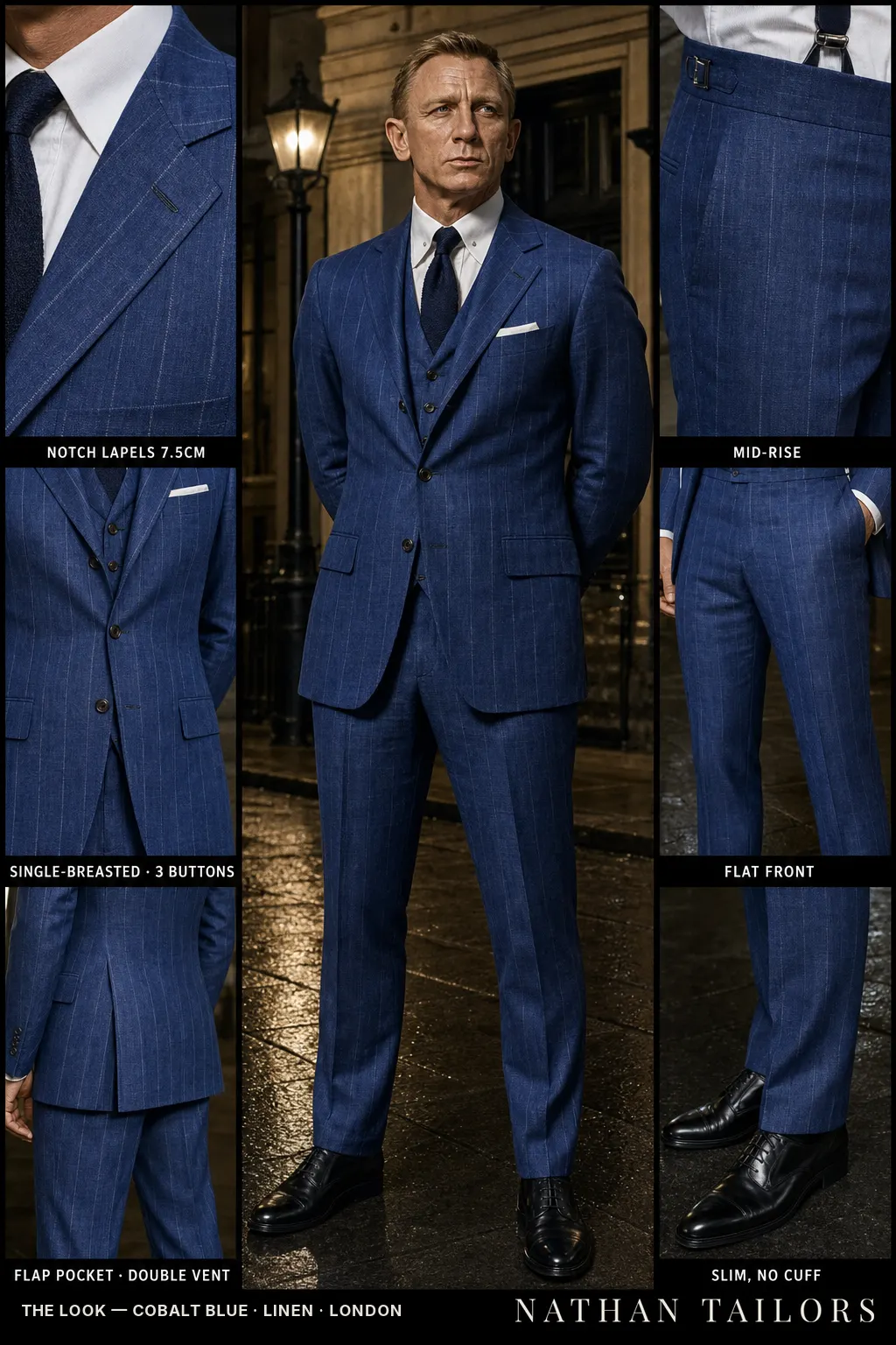 cobalt blue chalk stripe single-breasted notch-lapel bespoke suit — AI-rendered by Nathan Tailors, the Hoi An custom tailor. Available as a custom tailored suit from $169.