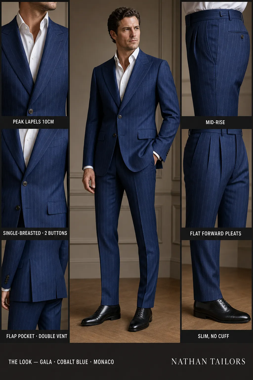 cobalt blue chalk stripe single-breasted peak-lapel bespoke suit — AI-rendered by Nathan Tailors, the Hoi An custom tailor. Available as a custom tailored suit from $149.