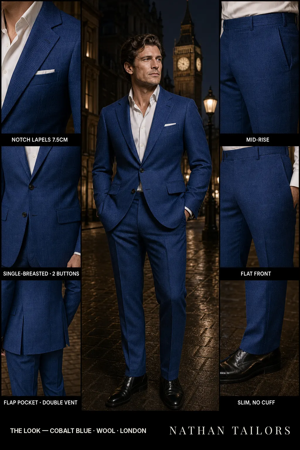 cobalt blue glen plaid single-breasted notch-lapel bespoke suit โ AI-rendered by Nathan Tailors, the Hoi An custom tailor. Available as a custom tailored suit from $149.