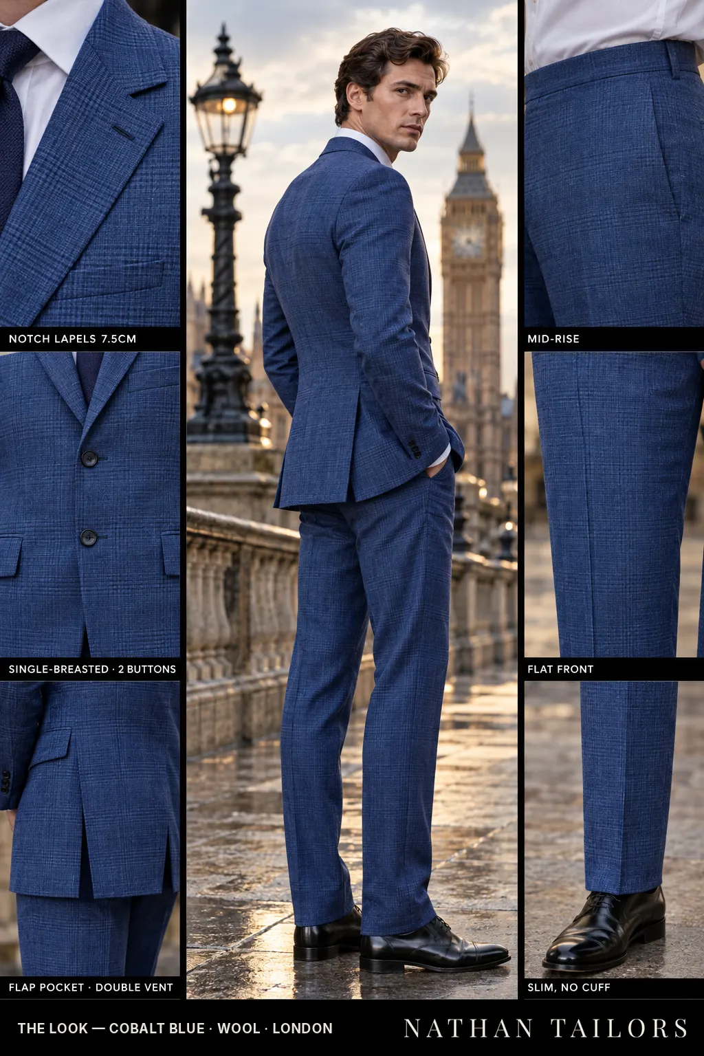 cobalt blue glen plaid single-breasted notch-lapel bespoke suit — AI-rendered by Nathan Tailors, the Hoi An custom tailor. Available as a custom tailored suit from $149.