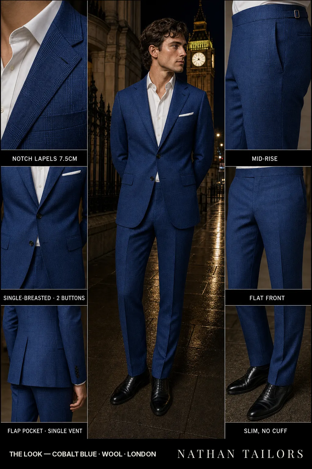 cobalt blue glen plaid single-breasted notch-lapel bespoke suit — AI-rendered by Nathan Tailors, the Hoi An custom tailor. Available as a custom tailored suit from $149.