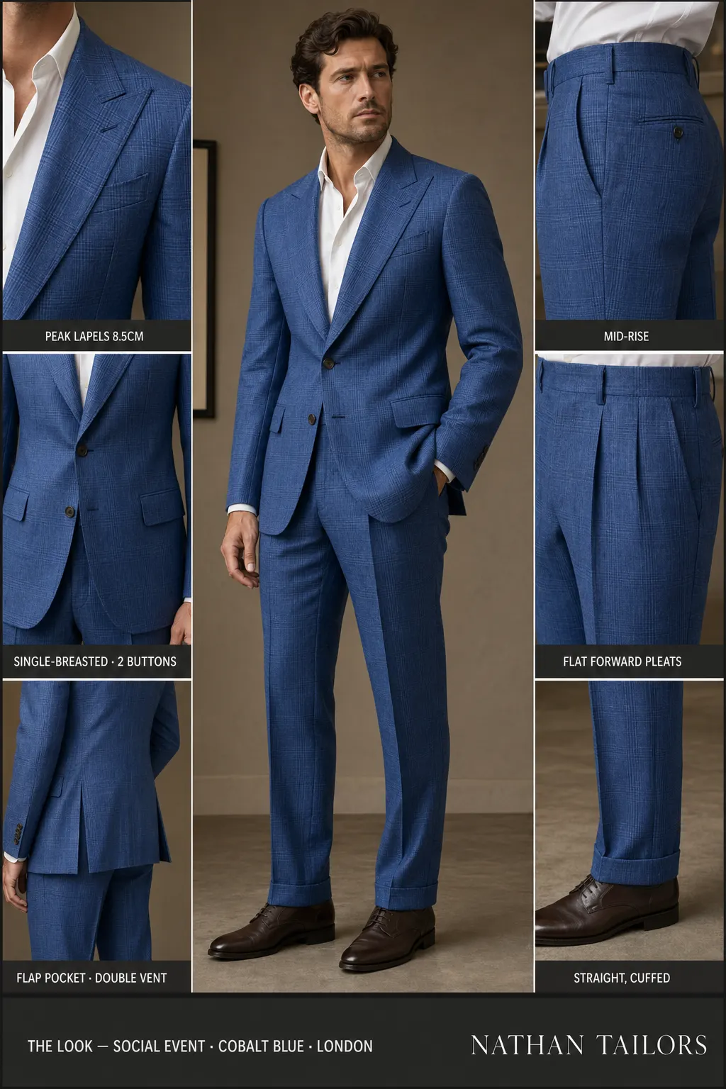 cobalt blue glen plaid single-breasted peak-lapel bespoke suit — AI-rendered by Nathan Tailors, the Hoi An custom tailor. Available as a custom tailored suit from $149.