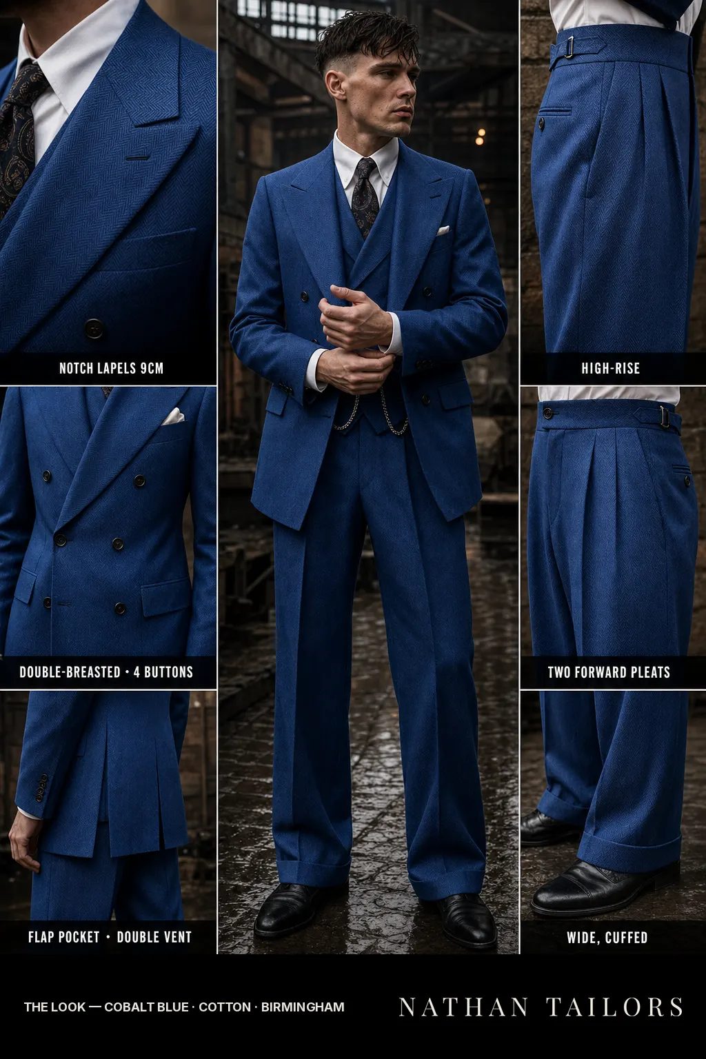 cobalt blue herringbone double-breasted notch-lapel bespoke suit — AI-rendered by Nathan Tailors, the Hoi An custom tailor. Available as a custom tailored suit from $149.