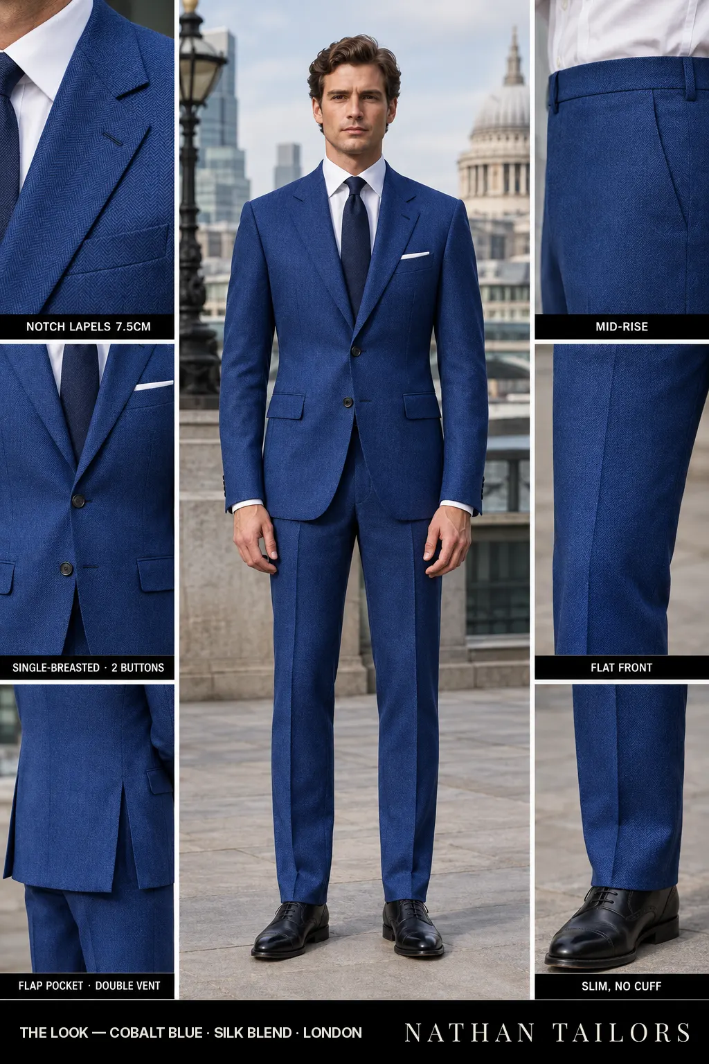 cobalt blue herringbone single-breasted bespoke suit — custom tailored by Nathan Tailors, the Hoi An custom tailor