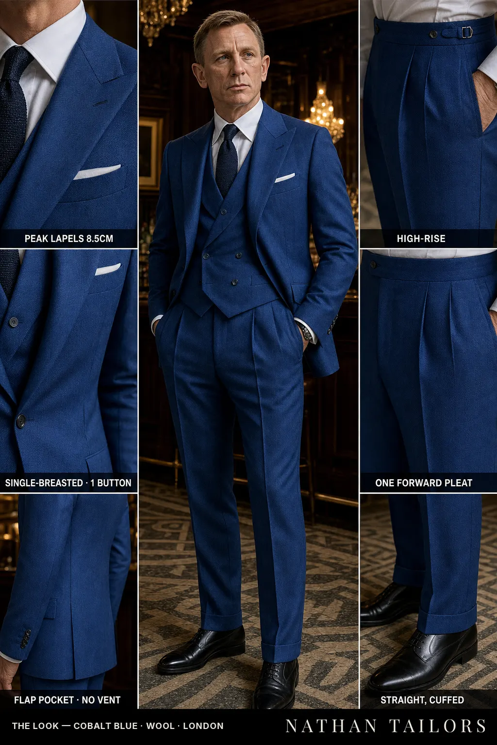 cobalt blue herringbone single-breasted bespoke suit — custom tailored by Nathan Tailors, the Hoi An custom tailor