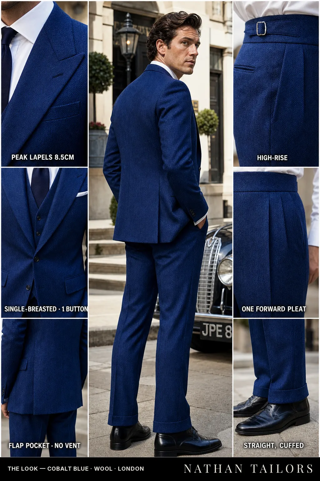cobalt blue herringbone single-breasted bespoke suit — custom tailored by Nathan Tailors, the Hoi An custom tailor