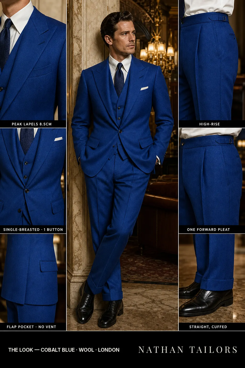cobalt blue herringbone single-breasted bespoke suit — custom tailored by Nathan Tailors, the Hoi An custom tailor