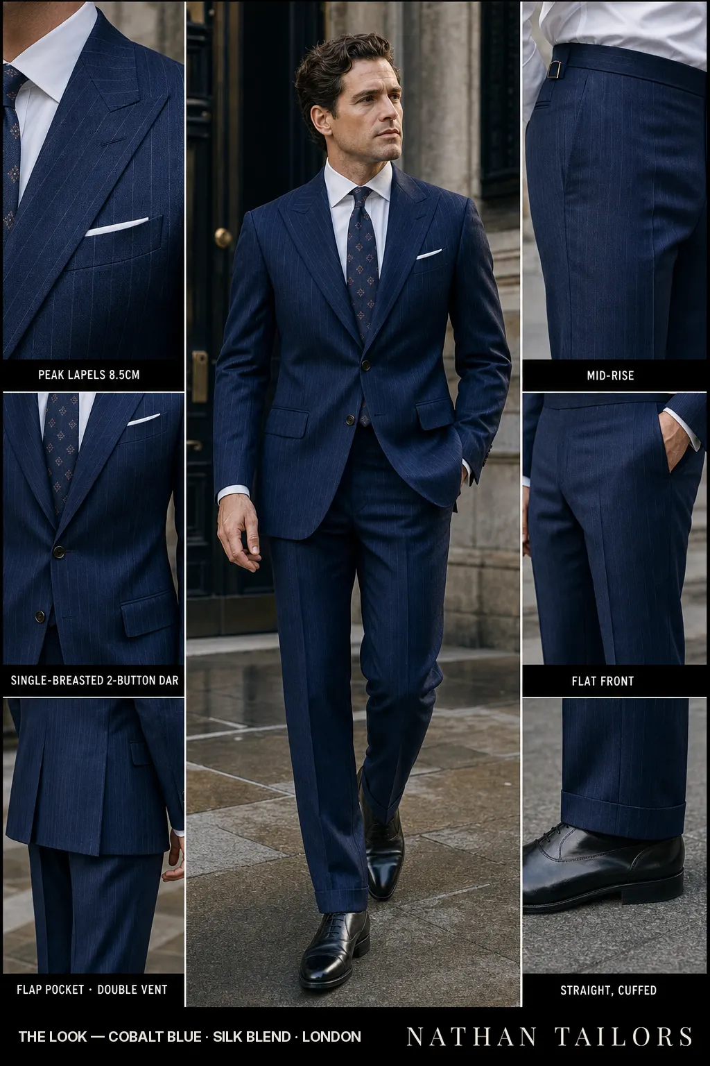 cobalt blue herringbone single-breasted peak-lapel bespoke suit — AI-rendered by Nathan Tailors, the Hoi An custom tailor. Available as a custom tailored suit from $149.