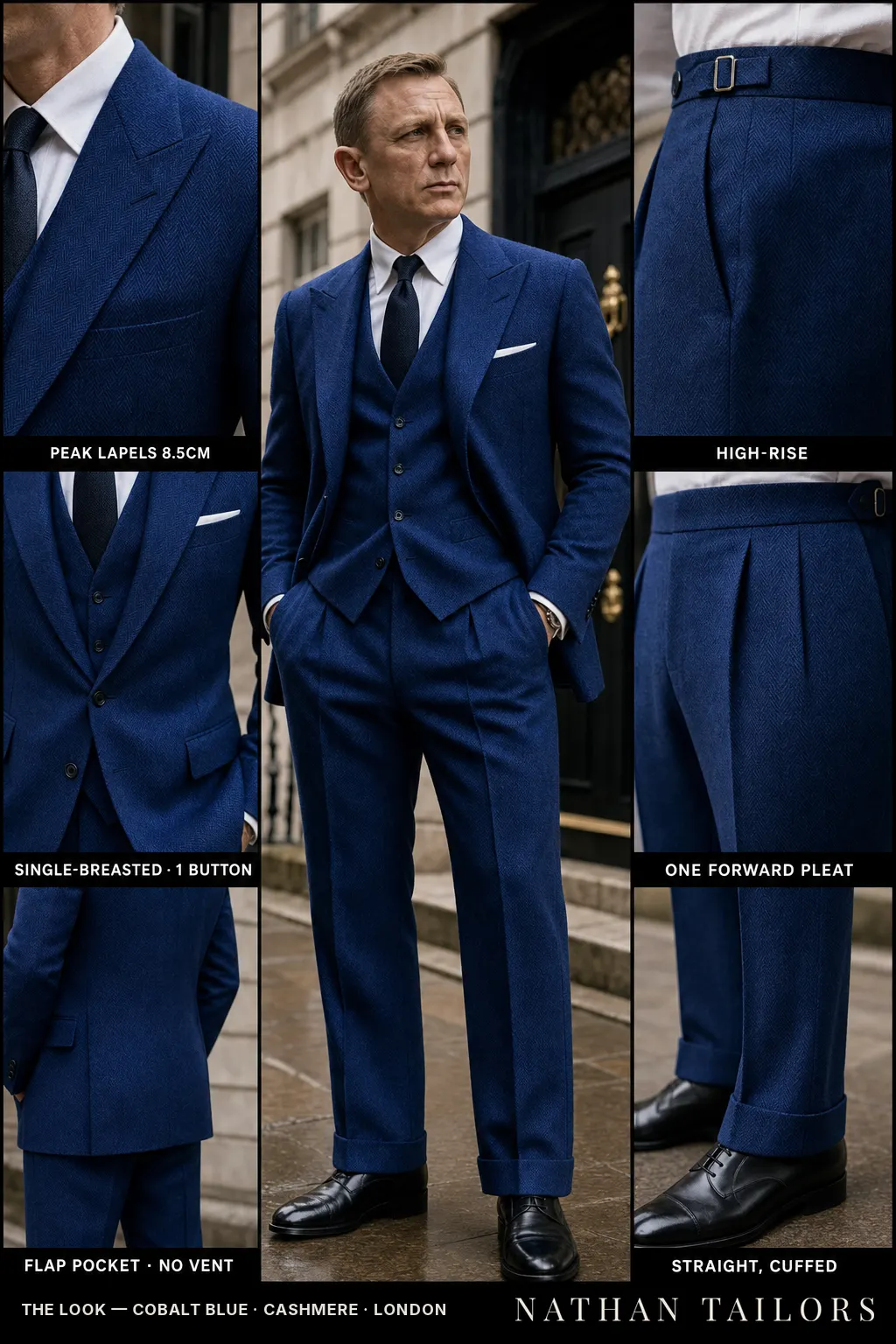 cobalt blue herringbone single-breasted bespoke suit — custom tailored by Nathan Tailors, the Hoi An custom tailor