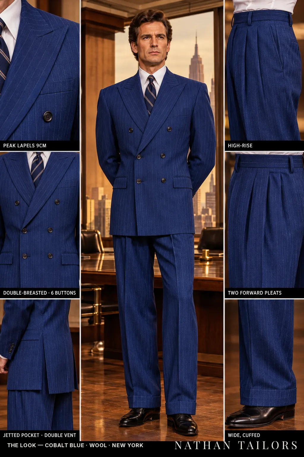 cobalt blue pinstripe double-breasted bespoke suit โ custom tailored by Nathan Tailors, the Hoi An custom tailor