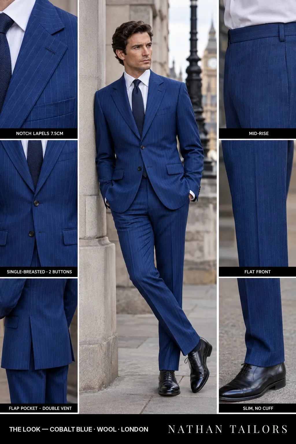 cobalt blue pinstripe single-breasted notch-lapel bespoke suit โ AI-rendered by Nathan Tailors, the Hoi An custom tailor. Available as a custom tailored suit from $149.