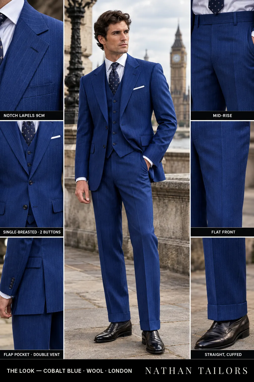 cobalt blue pinstripe single-breasted bespoke suit โ custom tailored by Nathan Tailors, the Hoi An custom tailor