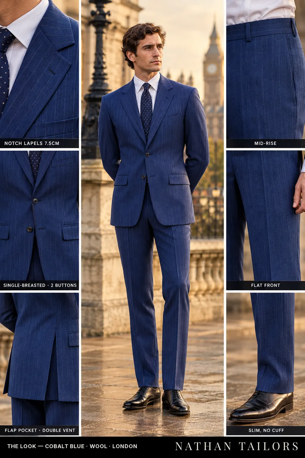 cobalt blue pinstripe single-breasted bespoke suit โ custom tailored by Nathan Tailors, the Hoi An custom tailor
