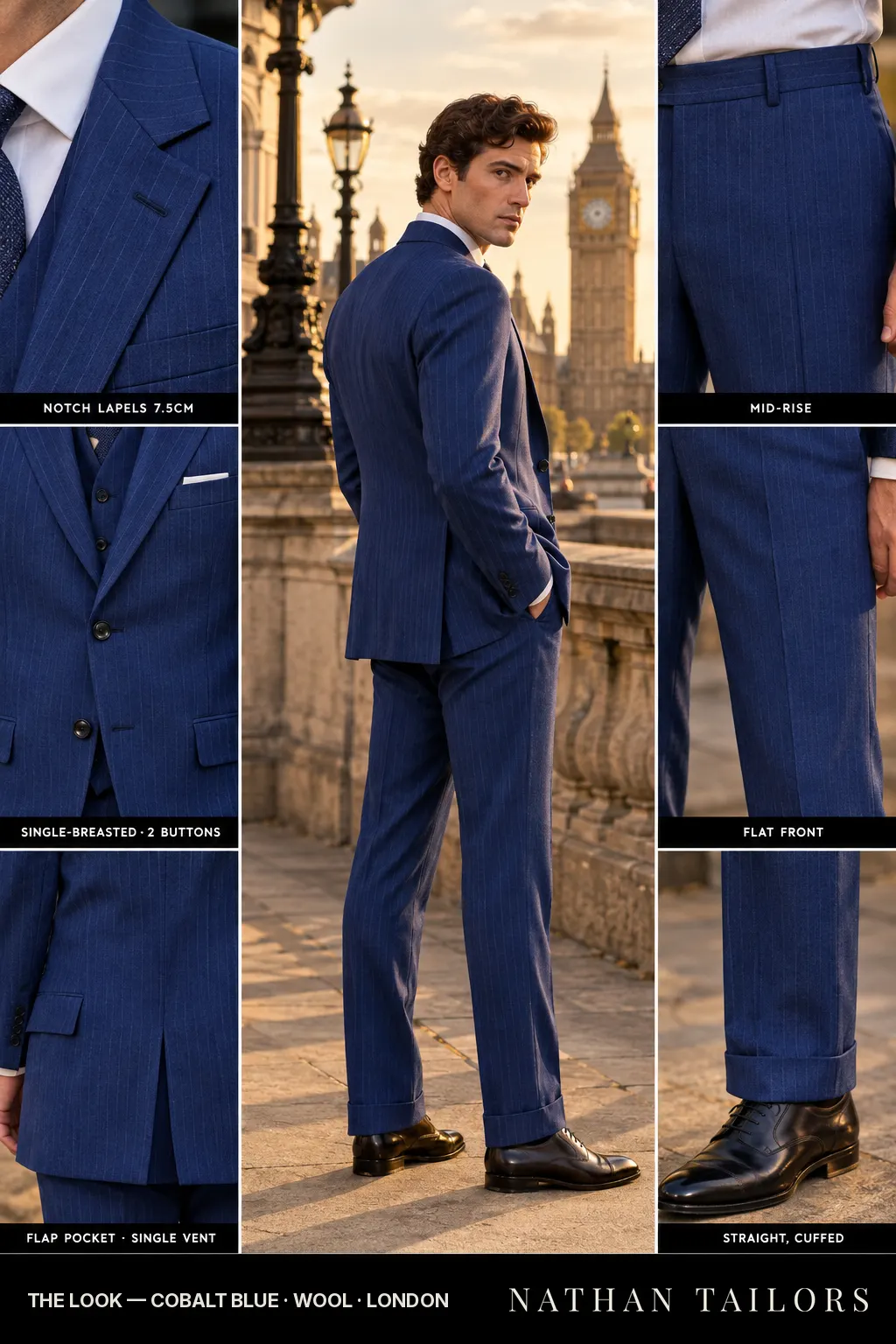 cobalt blue pinstripe single-breasted bespoke suit โ custom tailored by Nathan Tailors, the Hoi An custom tailor