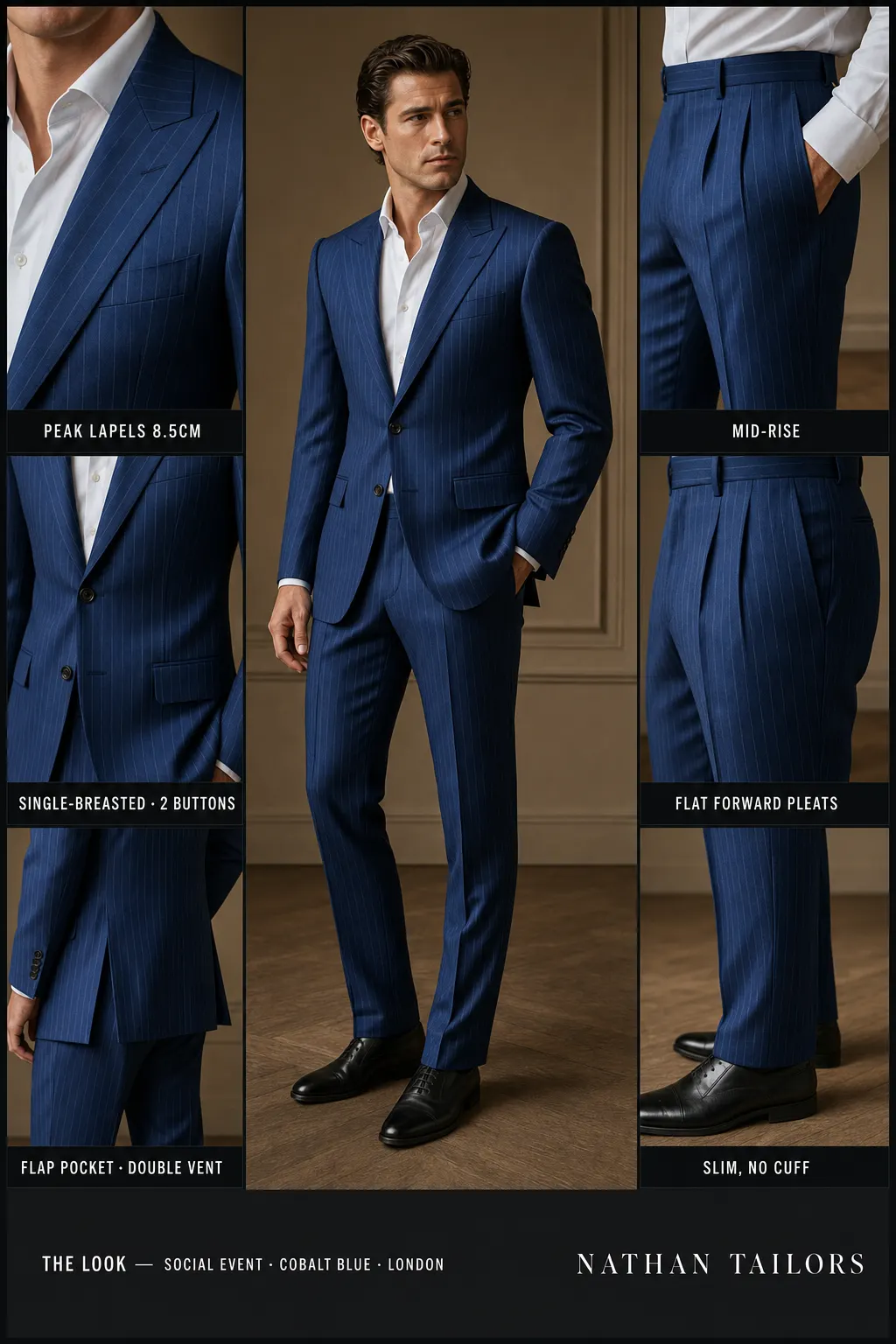 cobalt blue pinstripe single-breasted peak-lapel bespoke suit โ AI-rendered by Nathan Tailors, the Hoi An custom tailor. Available as a custom tailored suit from $149.