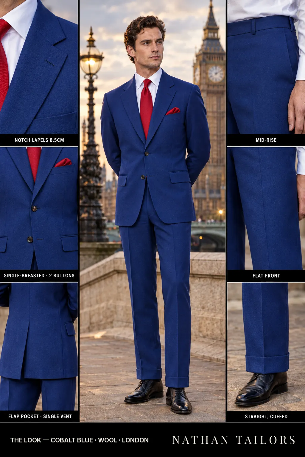 cobalt blue single-breasted bespoke suit โ custom tailored by Nathan Tailors, the Hoi An custom tailor